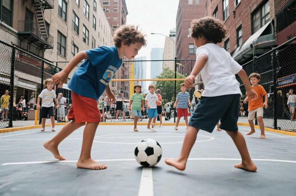 城市街头孩子们在临时球场上踢球，充满活力