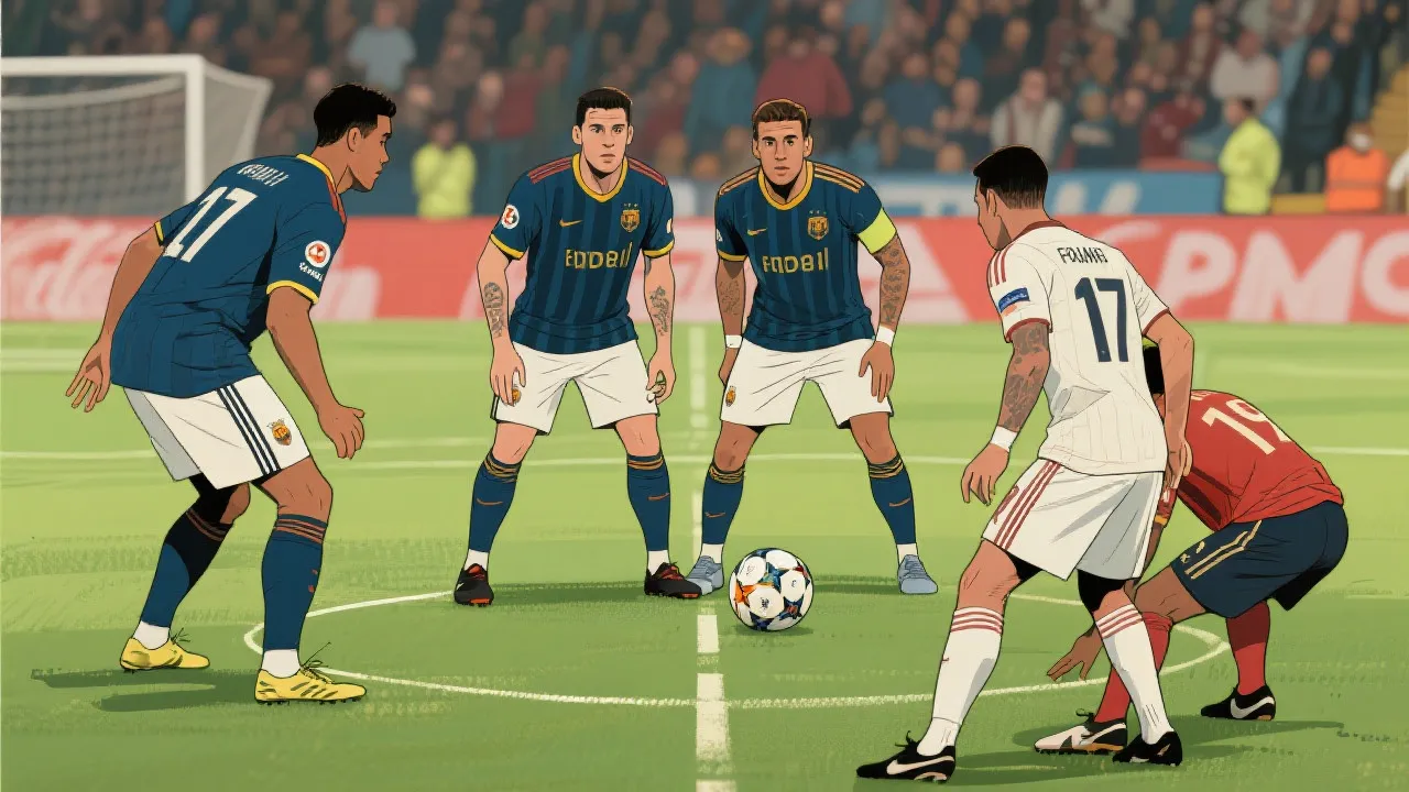 四后卫防线保持紧凑站位，协防封堵传球线路的战术画面