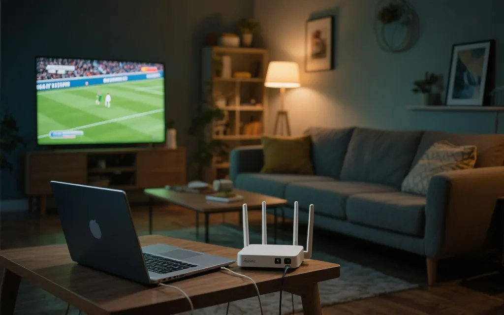 客厅电视播放足球比赛，旁边摆放路由器与笔记本做网络测试的场景
