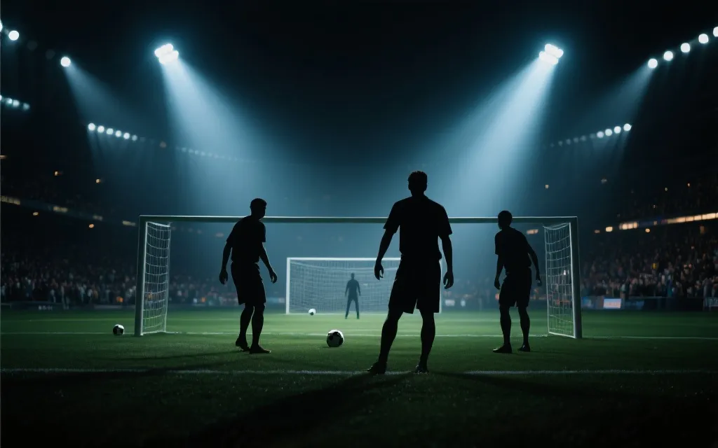 夜晚球场补时进球与点球大战的紧张氛围